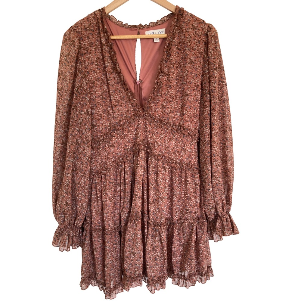 SHE + SKY Terracotta Floral Tiered Ruffle Mini Dress V-Neck Long Sleeve SS7975 L